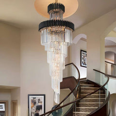 Furnitrio Modern Crystal Chandelier for Staircase Long Black LED Light Fixture