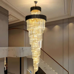 Furnitrio Modern Crystal Chandelier for Staircase Long Black LED Light Fixture