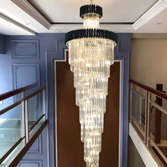 Furnitrio Modern Crystal Chandelier for Staircase Long Black LED Light Fixture