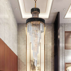 Furnitrio Modern Crystal Chandelier for Staircase Long Black LED Light Fixture